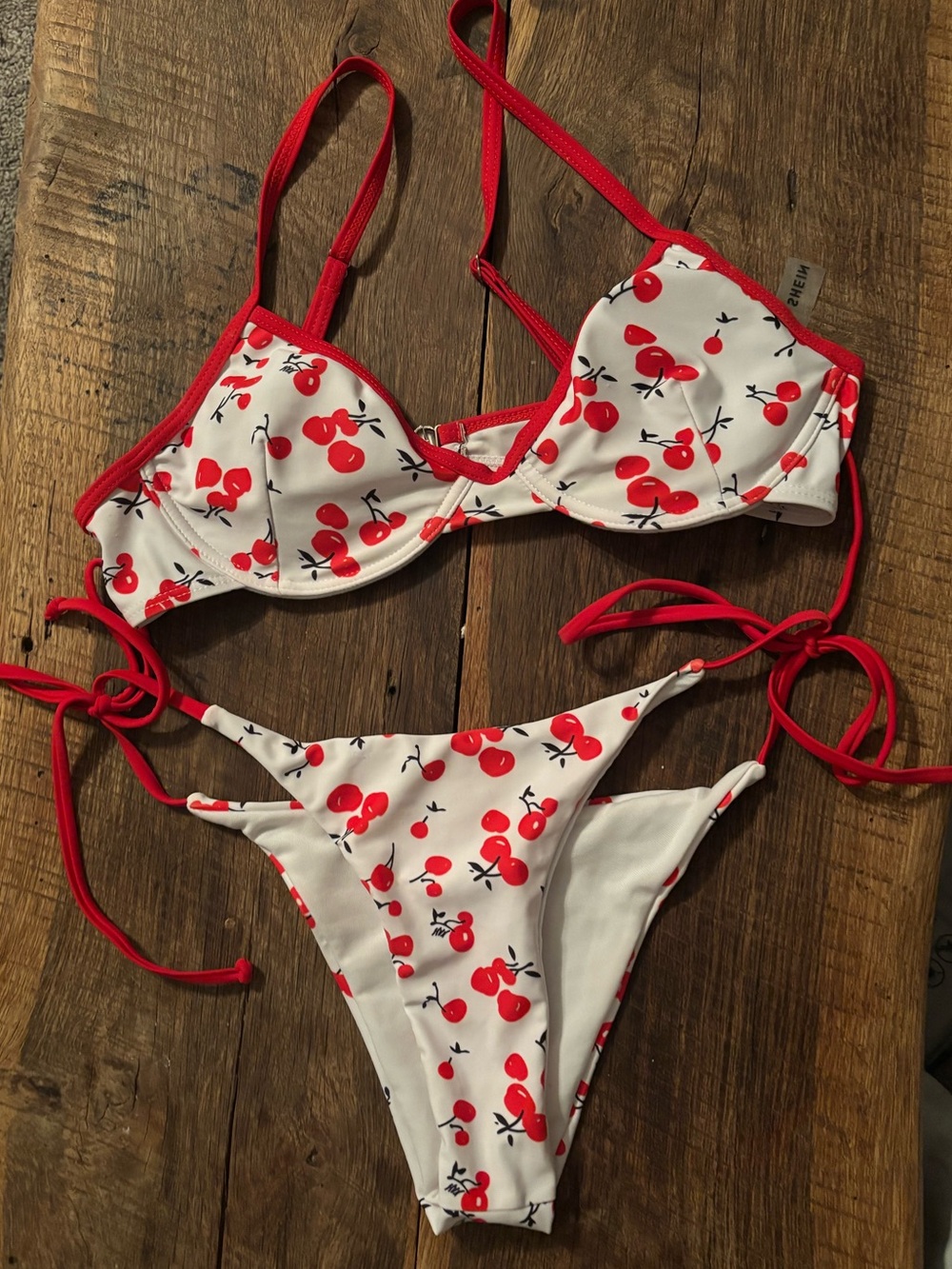 Cherry Print Tie Bikini - Red & White
